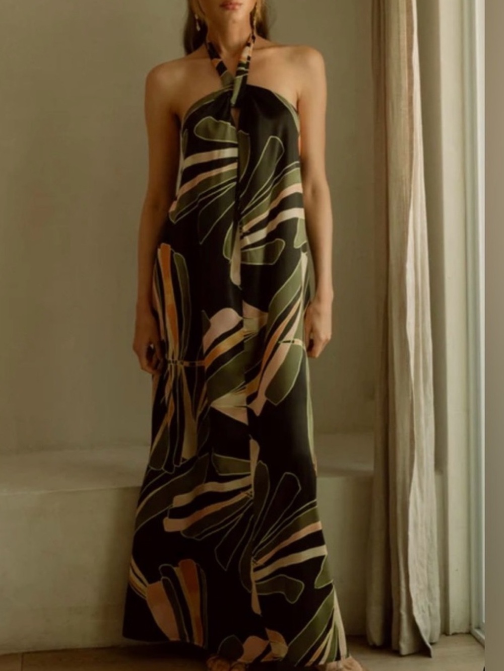 Elan Olive & Black Halter Maxi Dress with Leaf Print